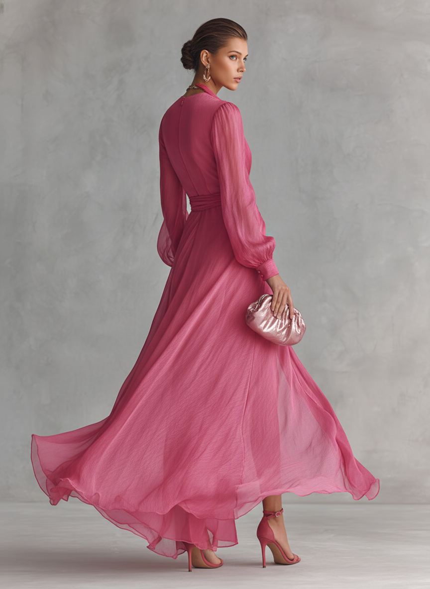 Maylis | Robe Maxi en Mousseline Rose, Col en V