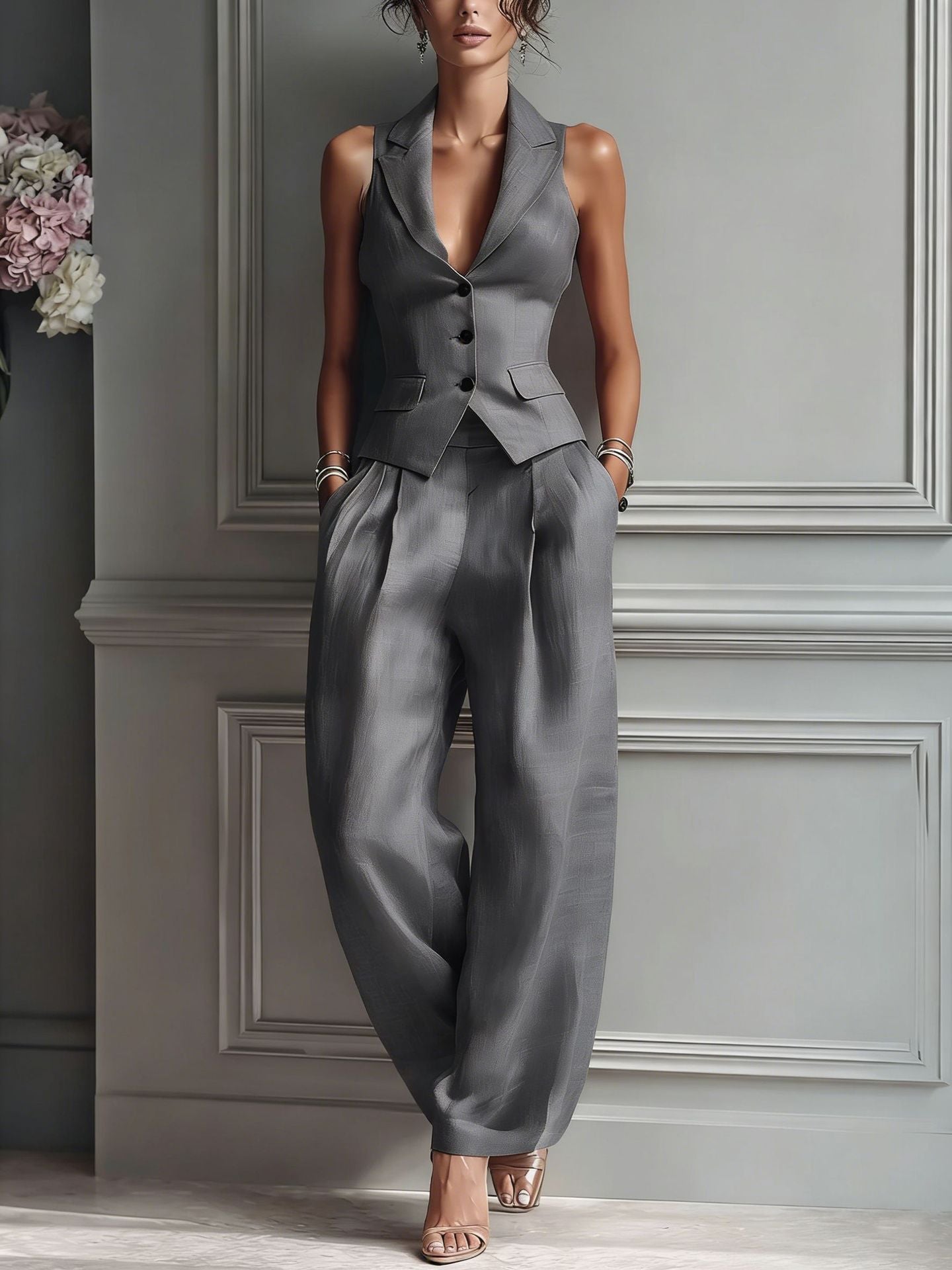 Charlotte | Ensemble deux pièces boutonné avec col en V pour femme