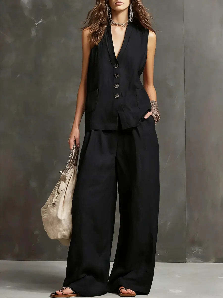 Alice | Ensemble deux pièces en coton et lin avec gilet sans manches et pantalon large