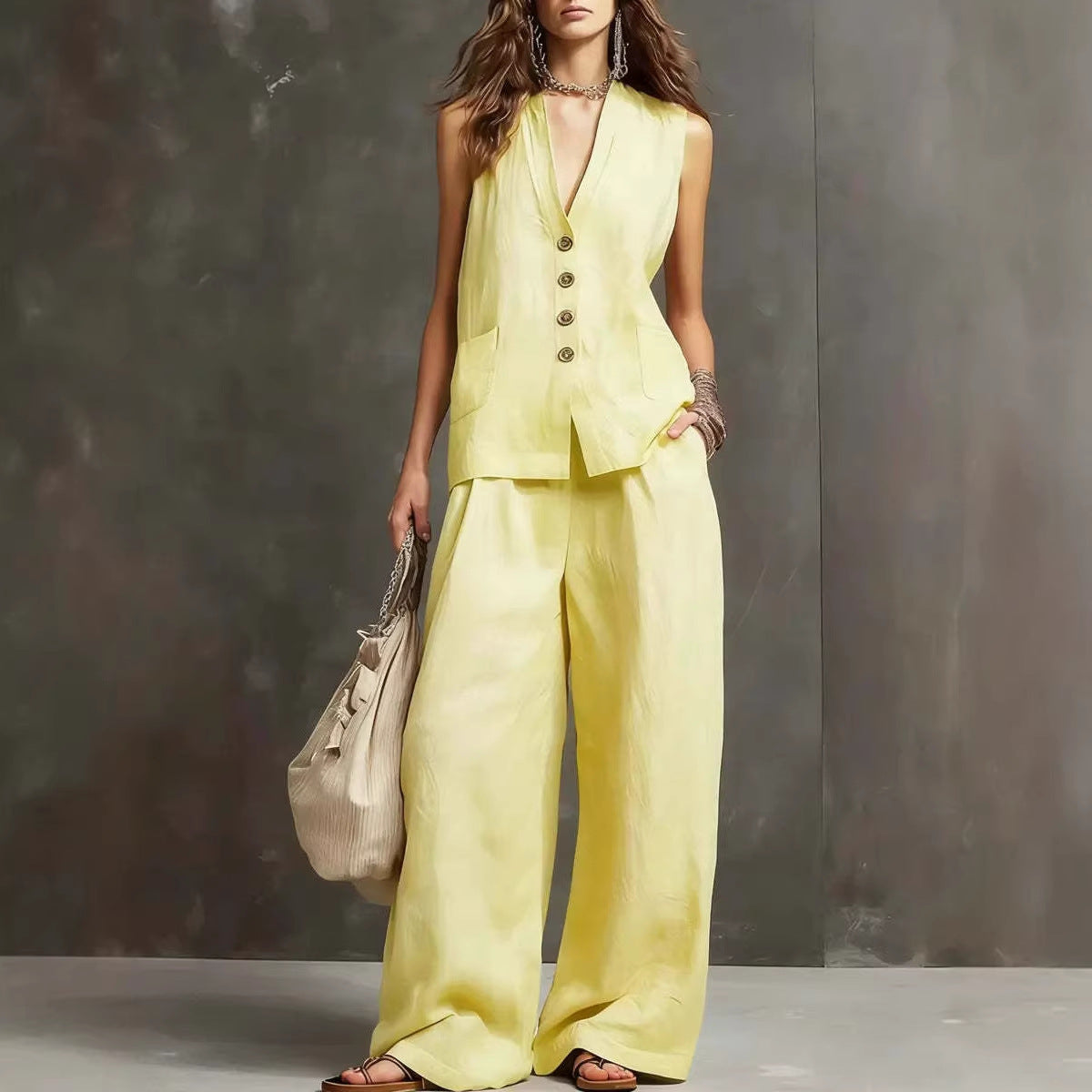 Alice | Ensemble deux pièces en coton et lin avec gilet sans manches et pantalon large