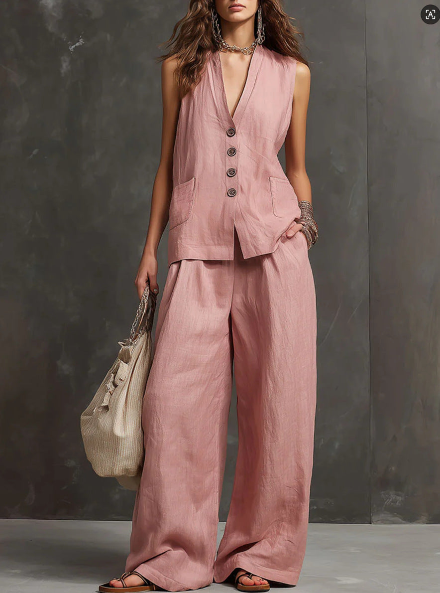 Alice | Ensemble deux pièces en coton et lin avec gilet sans manches et pantalon large