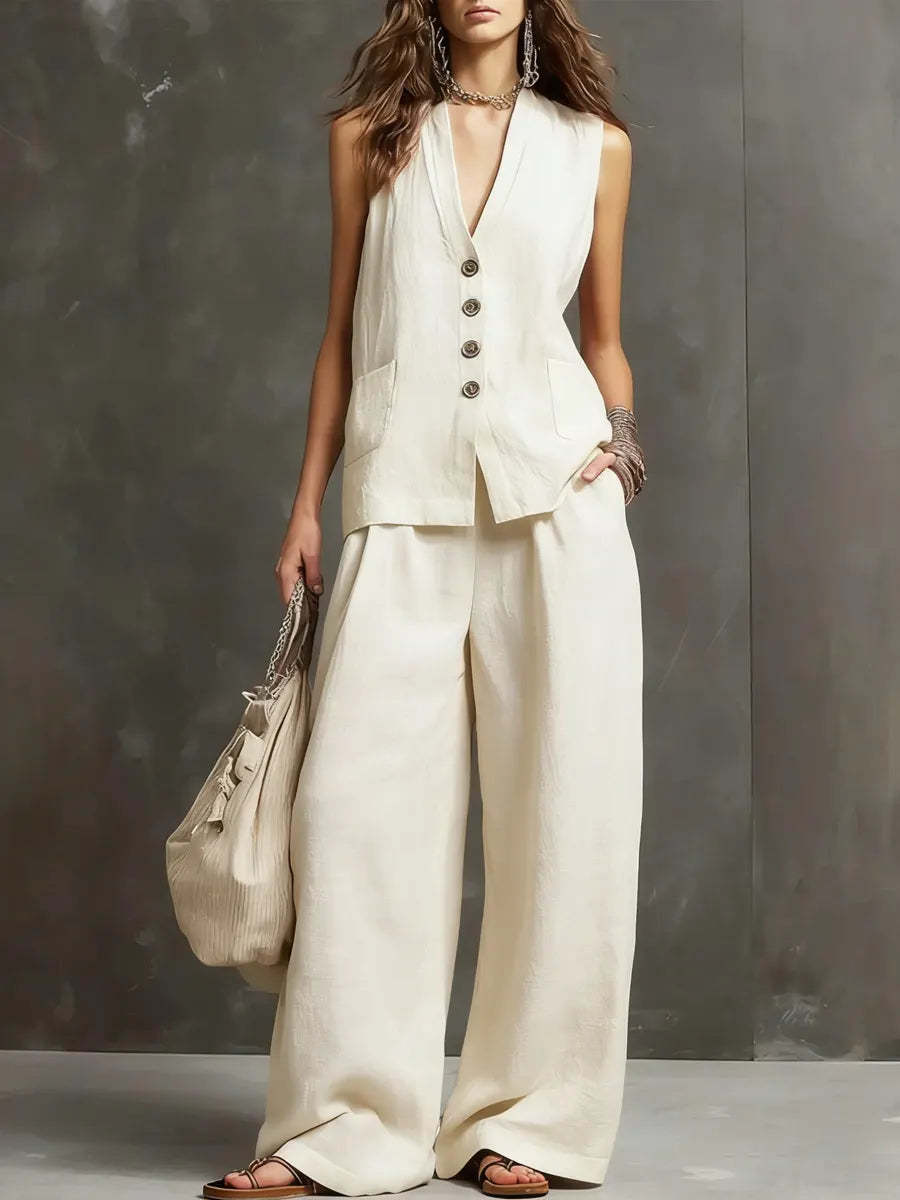 Alice | Ensemble deux pièces en coton et lin avec gilet sans manches et pantalon large