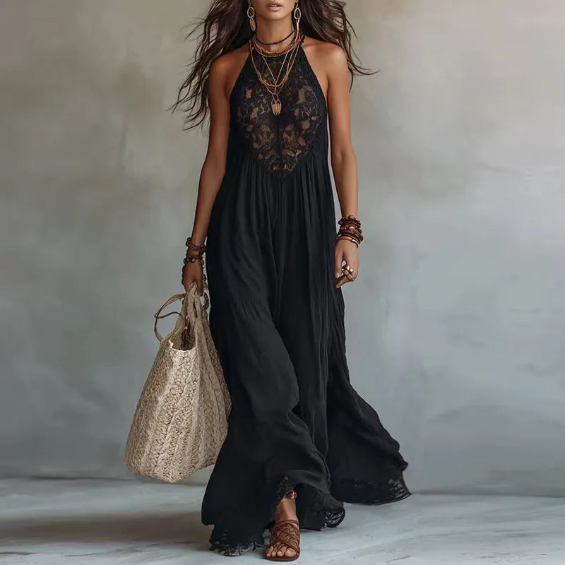 JADE | Robe Maxi Halter en Dentelle, Dos Nu