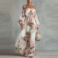 Pivoine | Robe Maxi Fleurie Épaules Dénudées, Manches Longues