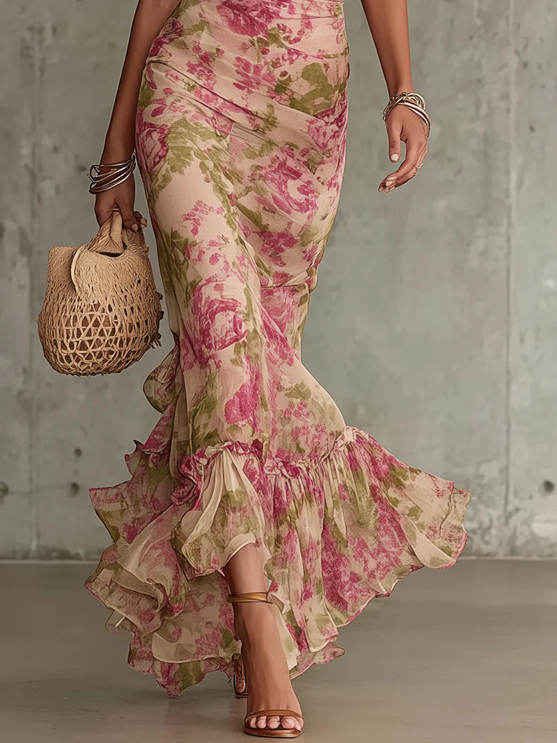 Florette | Robe maxi romantique à imprimé roses vintage et manches bouffantes