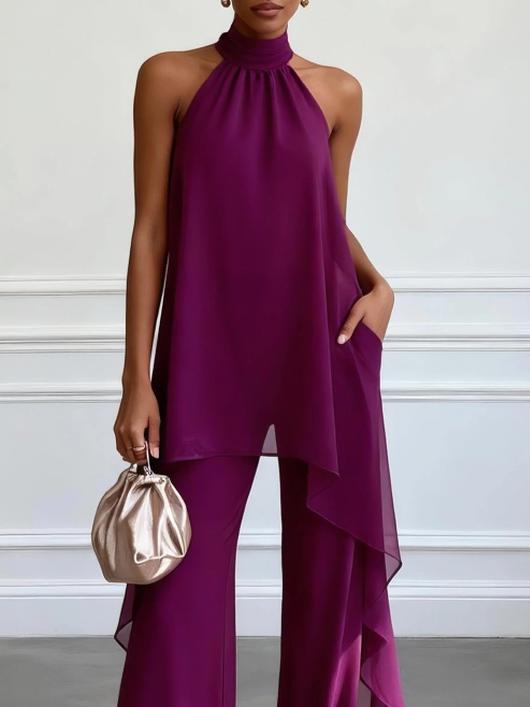 Violaine | Ensemble Haut Violet Sans Manches et Pantalon