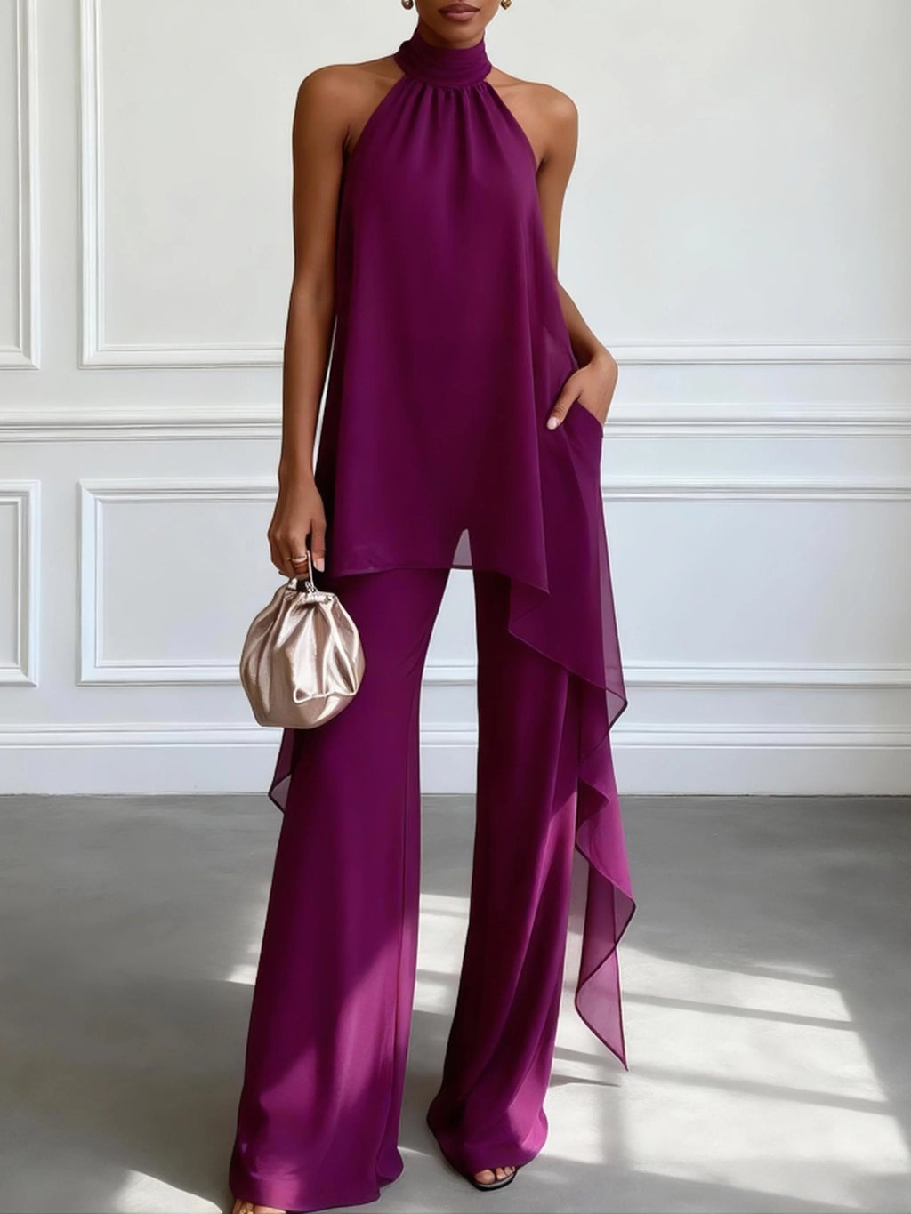 Violaine | Ensemble Haut Violet Sans Manches et Pantalon