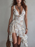 Henriette | Robe Mini Rétro à Fleurs, Col en V et Bretelles Fines