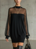 Domitille | Mini Robe Noire, Manches en Résille Transparente, Col Haut