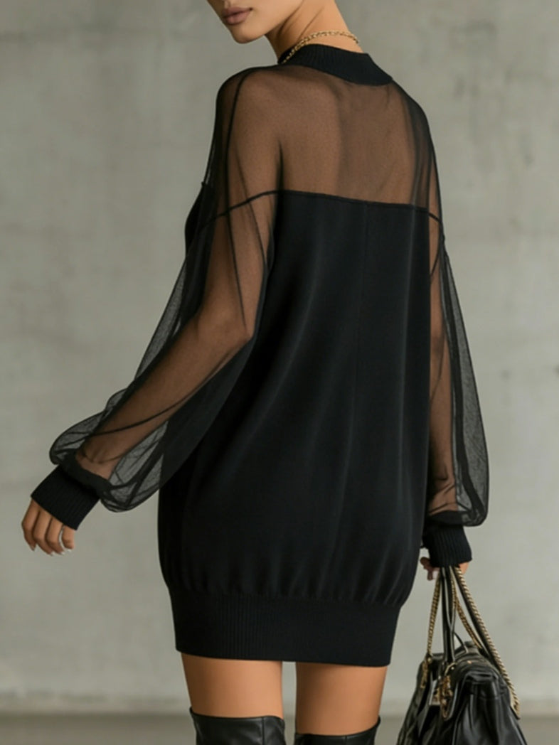 Amélie | Élégante Mini Robe Noire à Manches en Résille