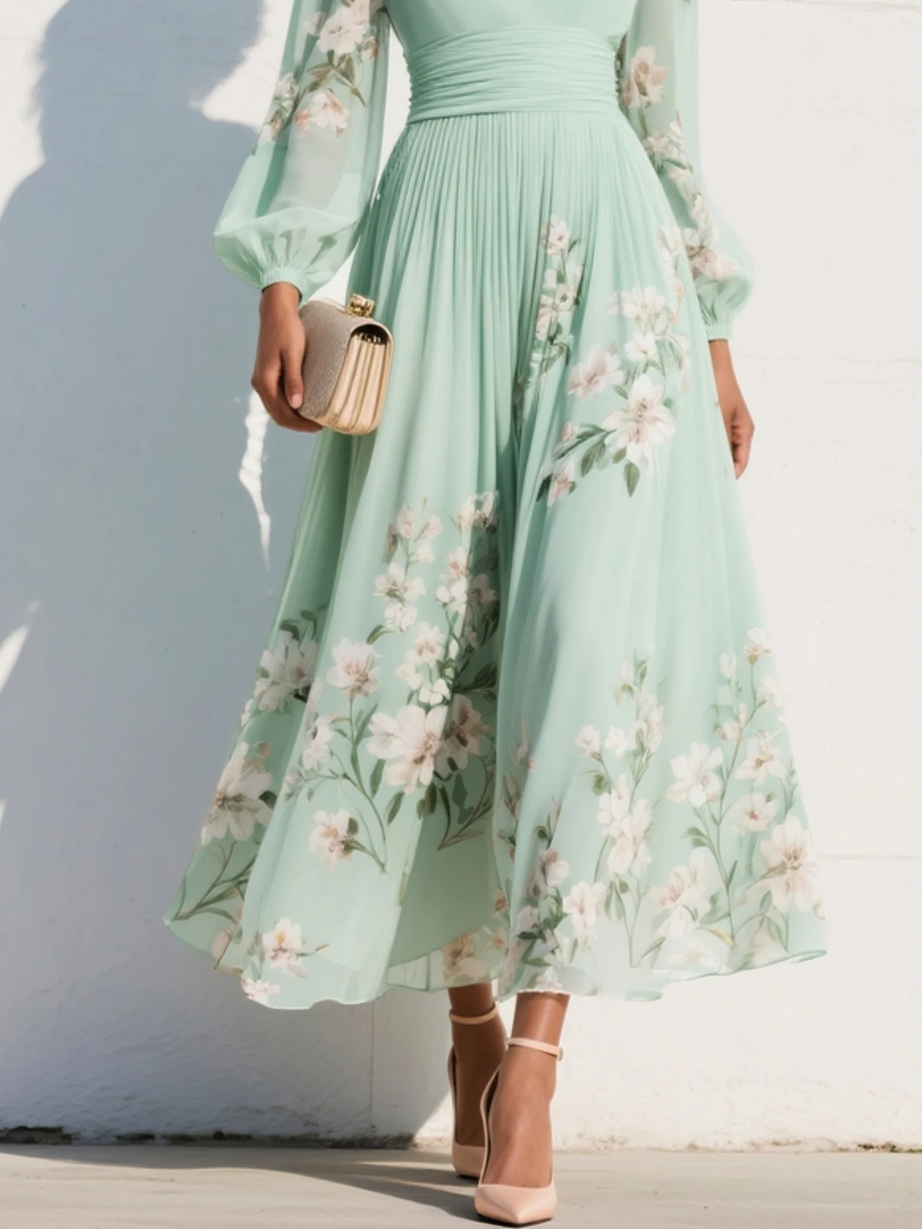 Susane | Robe maxi plissée en mousseline vert menthe à imprimé fleuri pour femme