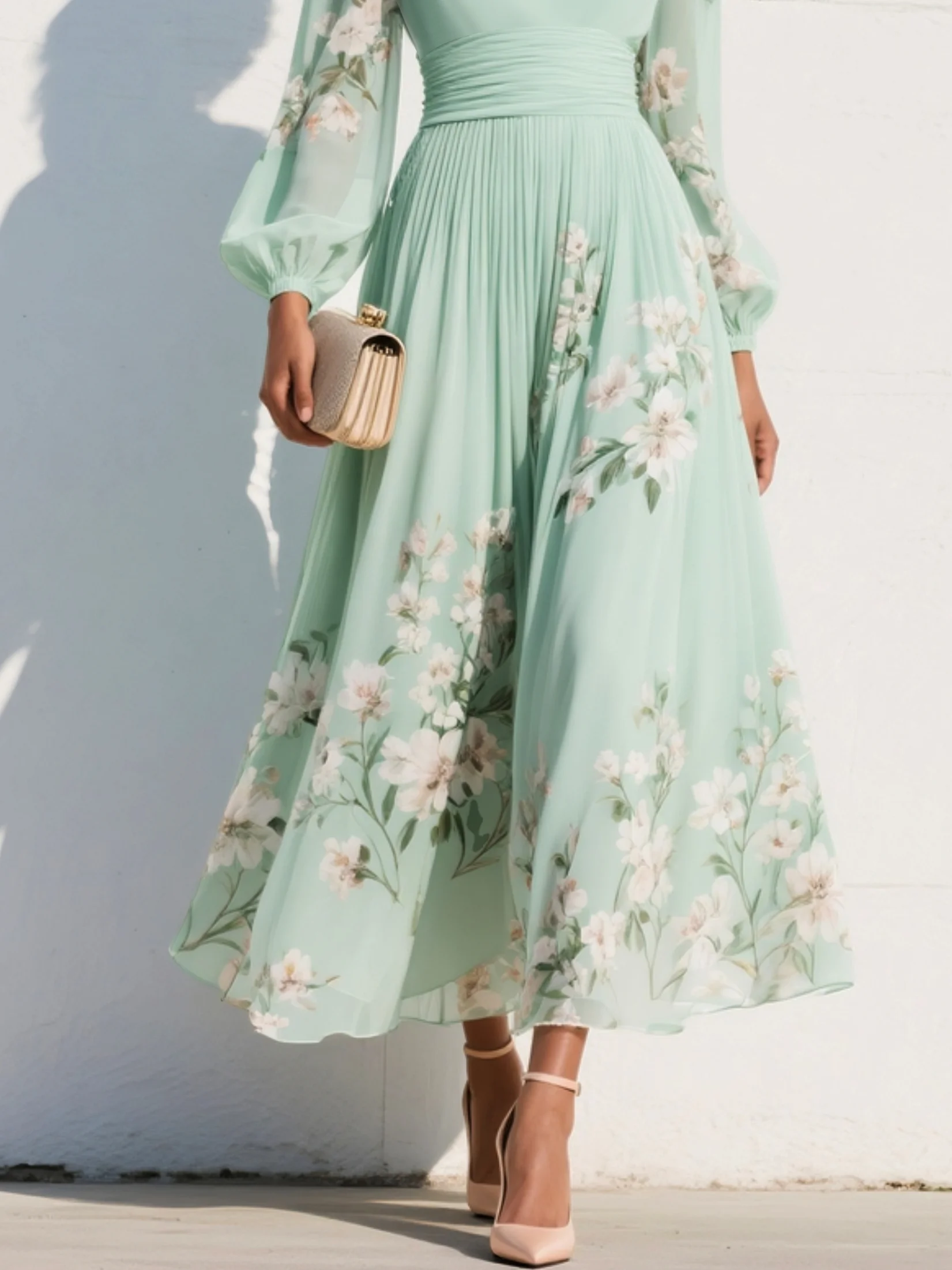 Susane | Robe maxi plissée en mousseline vert menthe à imprimé fleuri pour femme