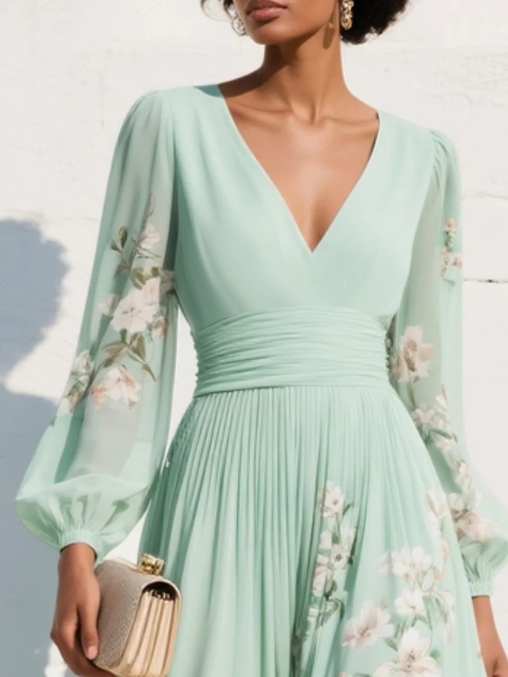 Susane | Robe maxi plissée en mousseline vert menthe à imprimé fleuri pour femme