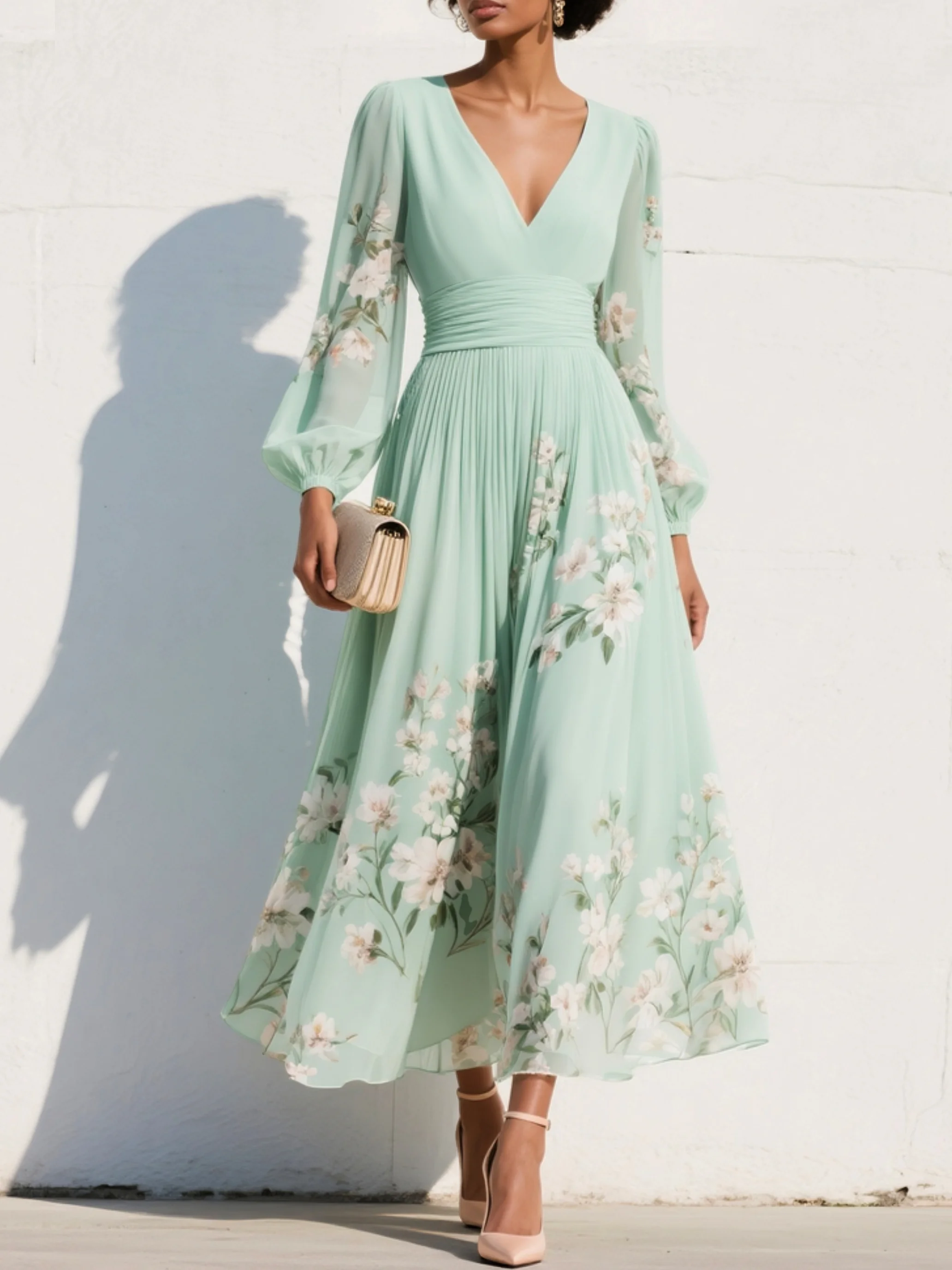 Susane | Robe maxi plissée en mousseline vert menthe à imprimé fleuri pour femme