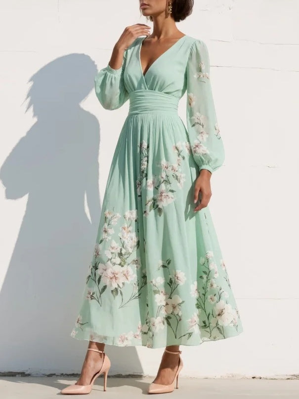 Susane | Robe maxi plissée en mousseline vert menthe à imprimé fleuri pour femme