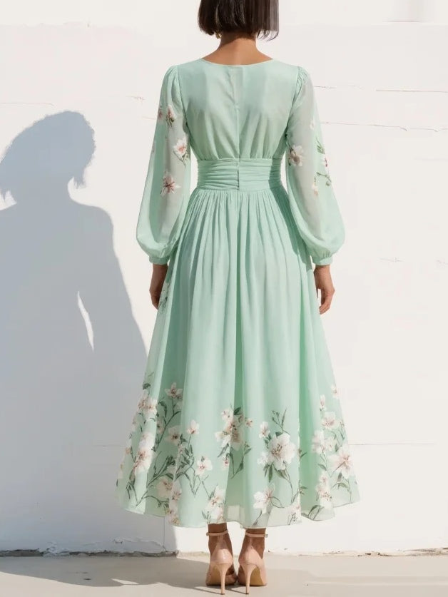 Susane | Robe maxi plissée en mousseline vert menthe à imprimé fleuri pour femme