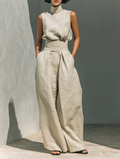 Julie™ | Ensemble deux pièces beige en lin avec haut sans manches et pantalon large
