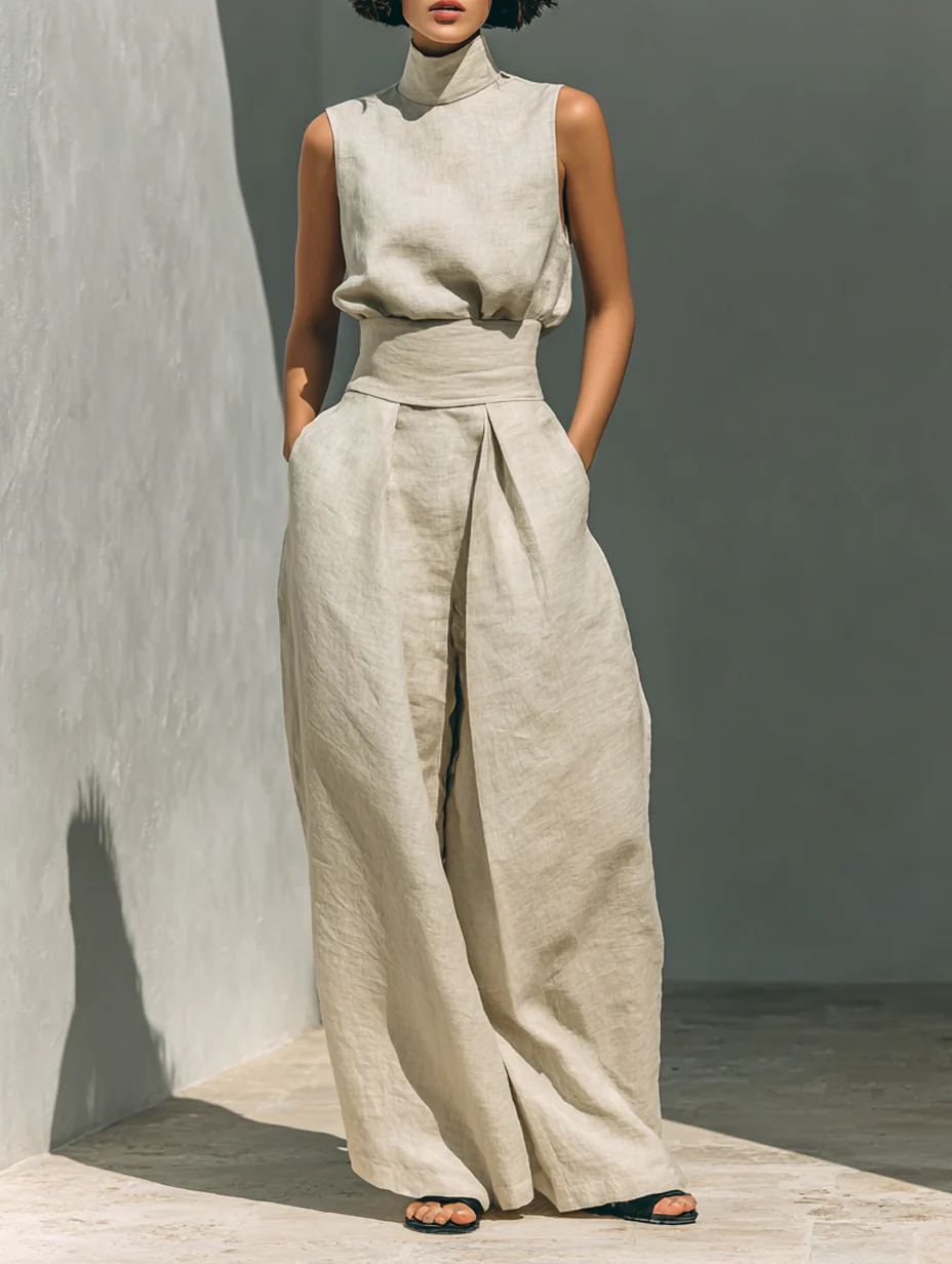 Julie | Ensemble deux pièces beige en lin avec haut sans manches et pantalon large
