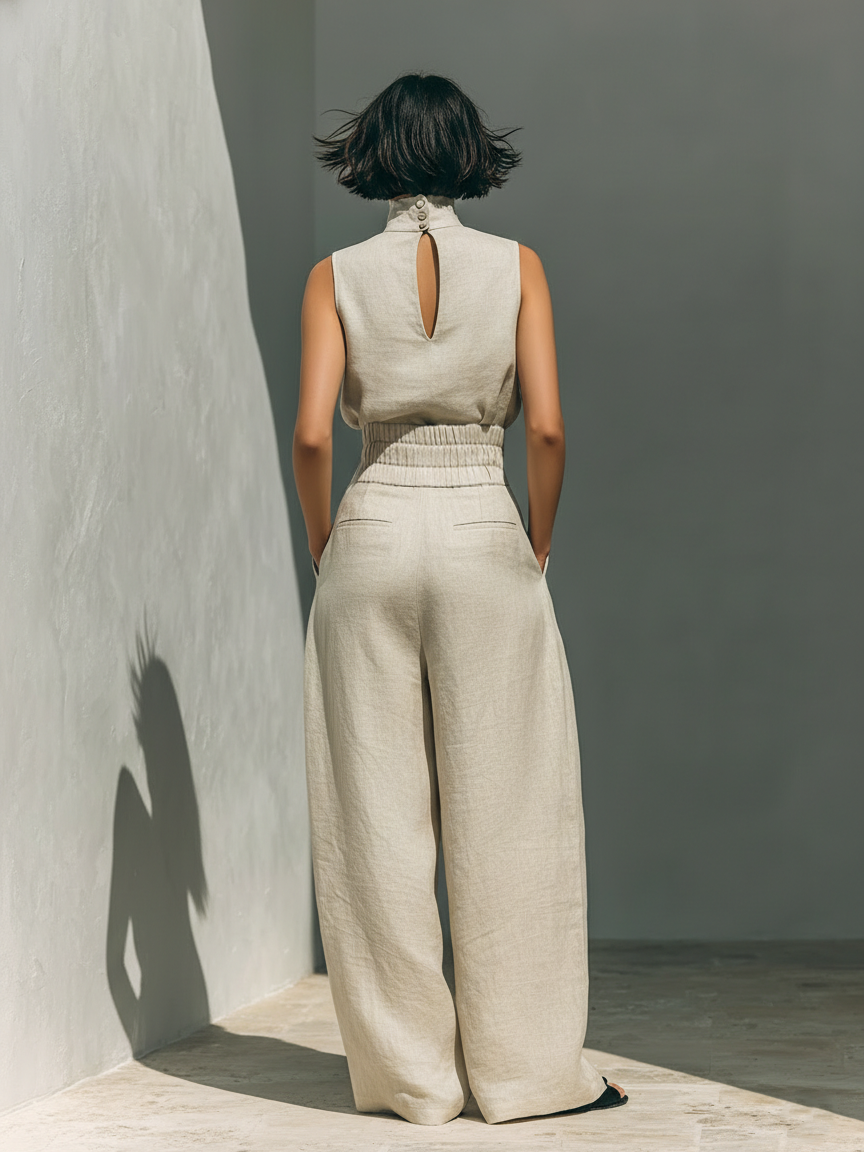Aurora | Ensemble deux pièces beige en lin avec haut sans manches et pantalon large