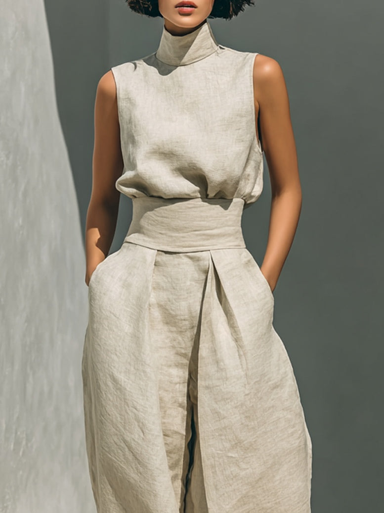 Julie™ | Ensemble deux pièces beige en lin avec haut sans manches et pantalon large