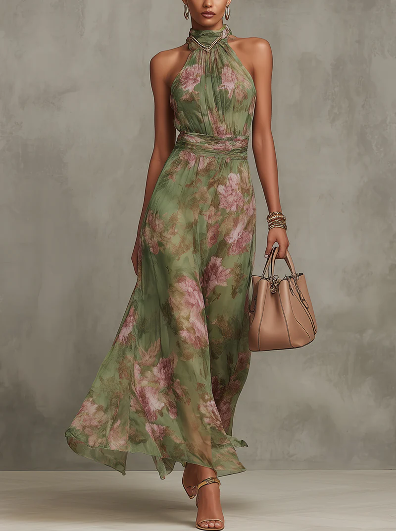 Serena | Robe maxi en mousseline fleurie à emmanchure américaine