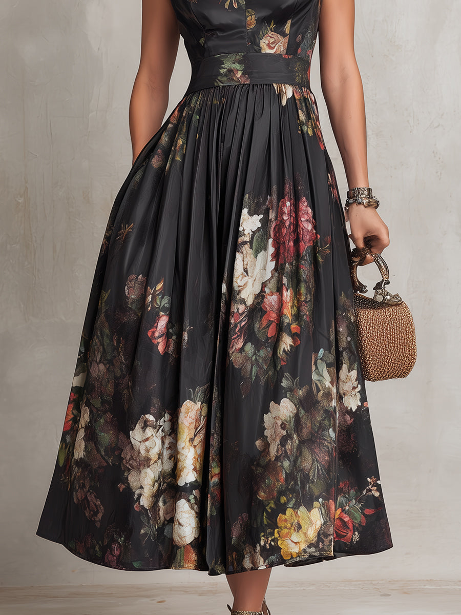 Violette | Robe midi en satin plissé noir à imprimé floral et encolure goutte d'eau