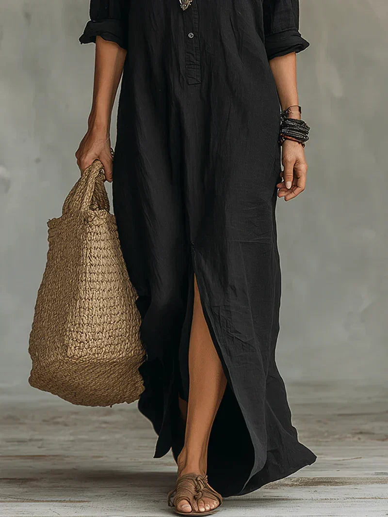 Joséphine | Robe Maxi Noire Ample à Boutons