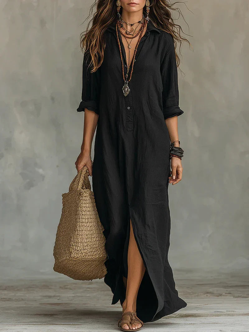 Joséphine | Robe Maxi Noire Ample à Boutons