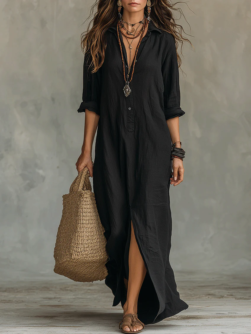 Véronique | Robe Maxi Noire Longue à Boutons