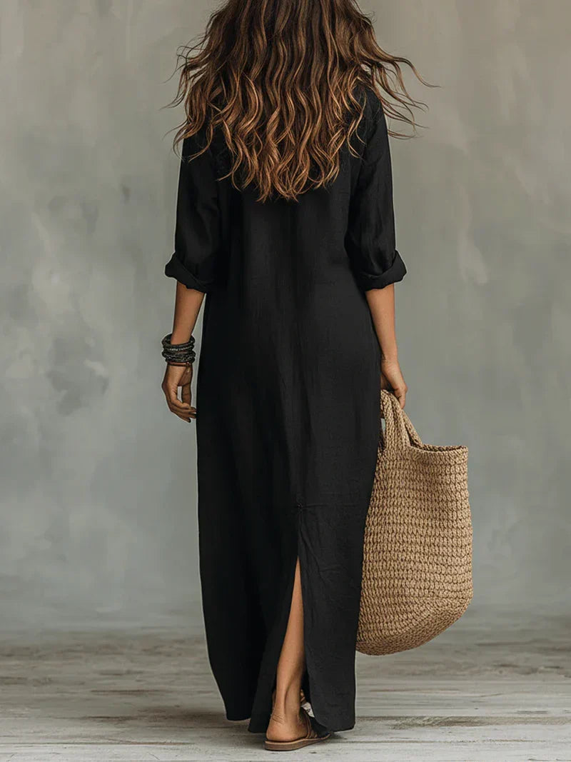 Joséphine | Robe Maxi Noire Ample à Boutons