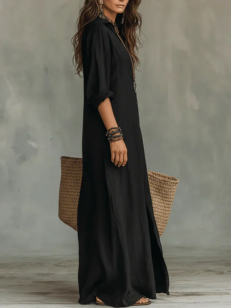 Joséphine | Robe Maxi Noire Ample à Boutons