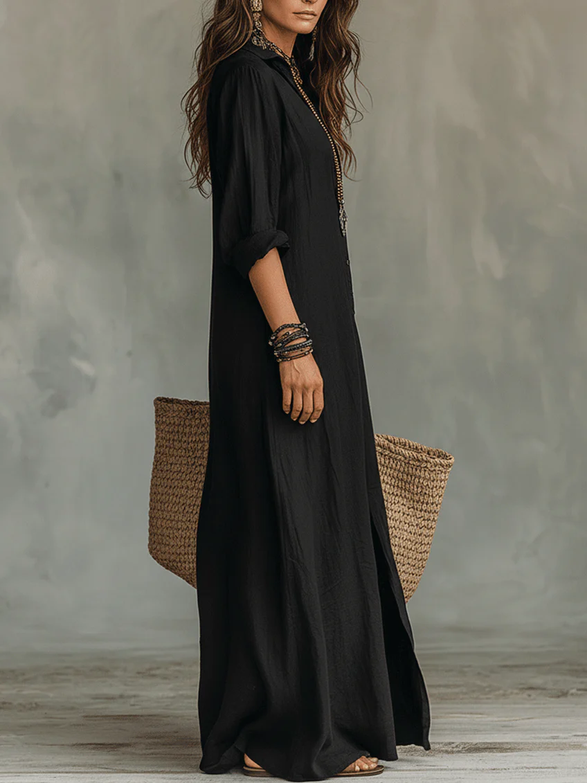 Véronique | Robe Maxi Noire Longue à Boutons