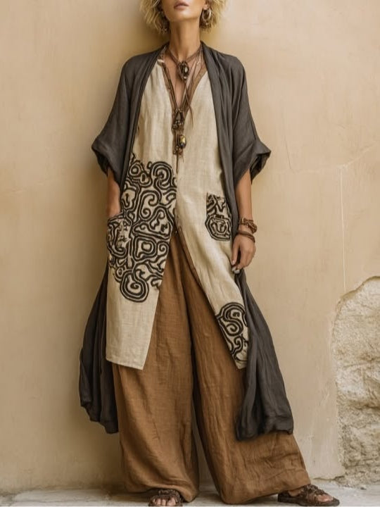 Juliette | Ensemble trois pièces nomade bohème gris foncé et marron à motif tribal