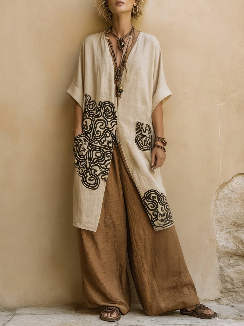Juliette | Ensemble trois pièces nomade bohème gris foncé et marron à motif tribal