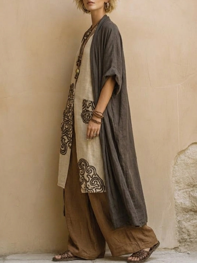 Juliette | Ensemble trois pièces nomade bohème gris foncé et marron à motif tribal