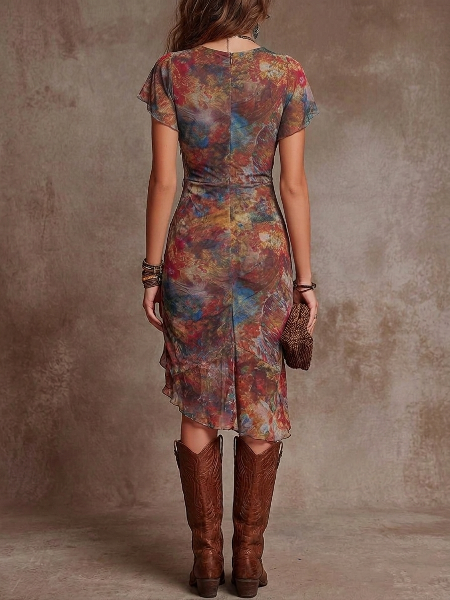 Martina | Robe midi plissée à col en V et imprimé d'art abstrait style bohème