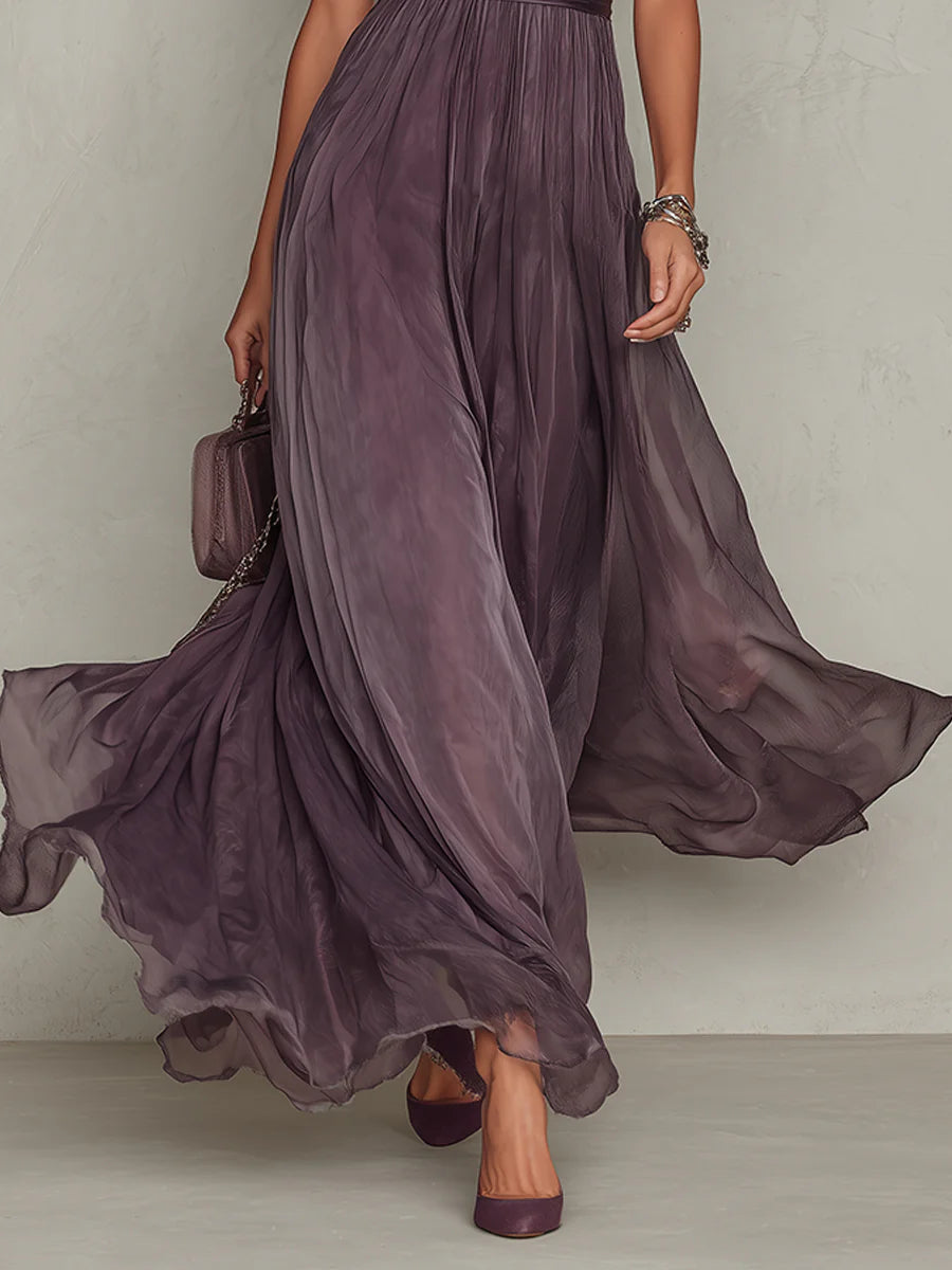 Prunelle | Robe Maxi en Mousseline Violette, Col Cœur, Bordure Dentelle