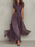 Prunelle | Robe Maxi en Mousseline Violette, Col Cœur, Bordure Dentelle