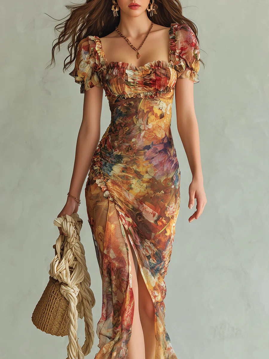 Herminie | Robe Maxi en Mousseline Orange à Imprimé Peinture à l'Huile Style Bohème