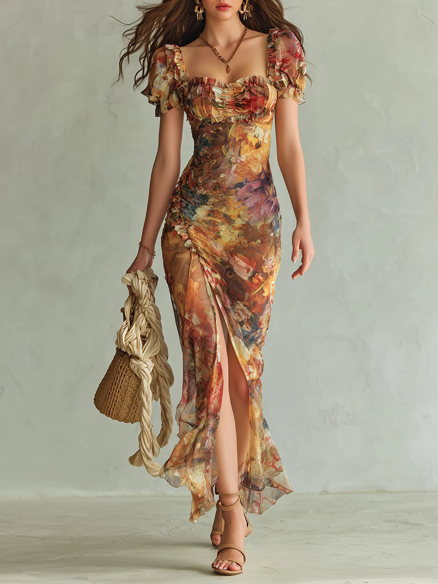 Herminie | Robe Maxi en Mousseline Orange à Imprimé Peinture à l'Huile Style Bohème