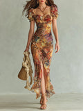 Clémentine | Robe Maxi en Mousseline Orange, Imprimé Peinture Bohème
