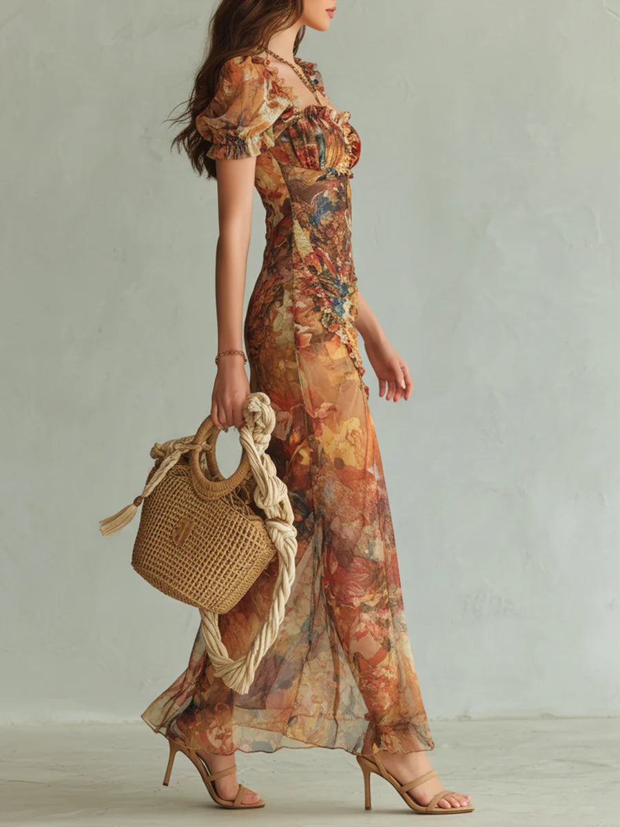 Herminie | Robe Maxi en Mousseline Orange à Imprimé Peinture à l'Huile Style Bohème