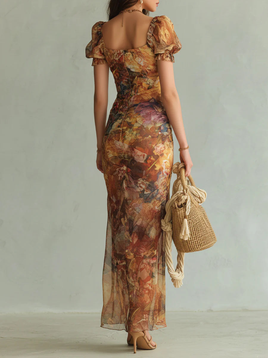 Herminie | Robe Maxi en Mousseline Orange à Imprimé Peinture à l'Huile Style Bohème