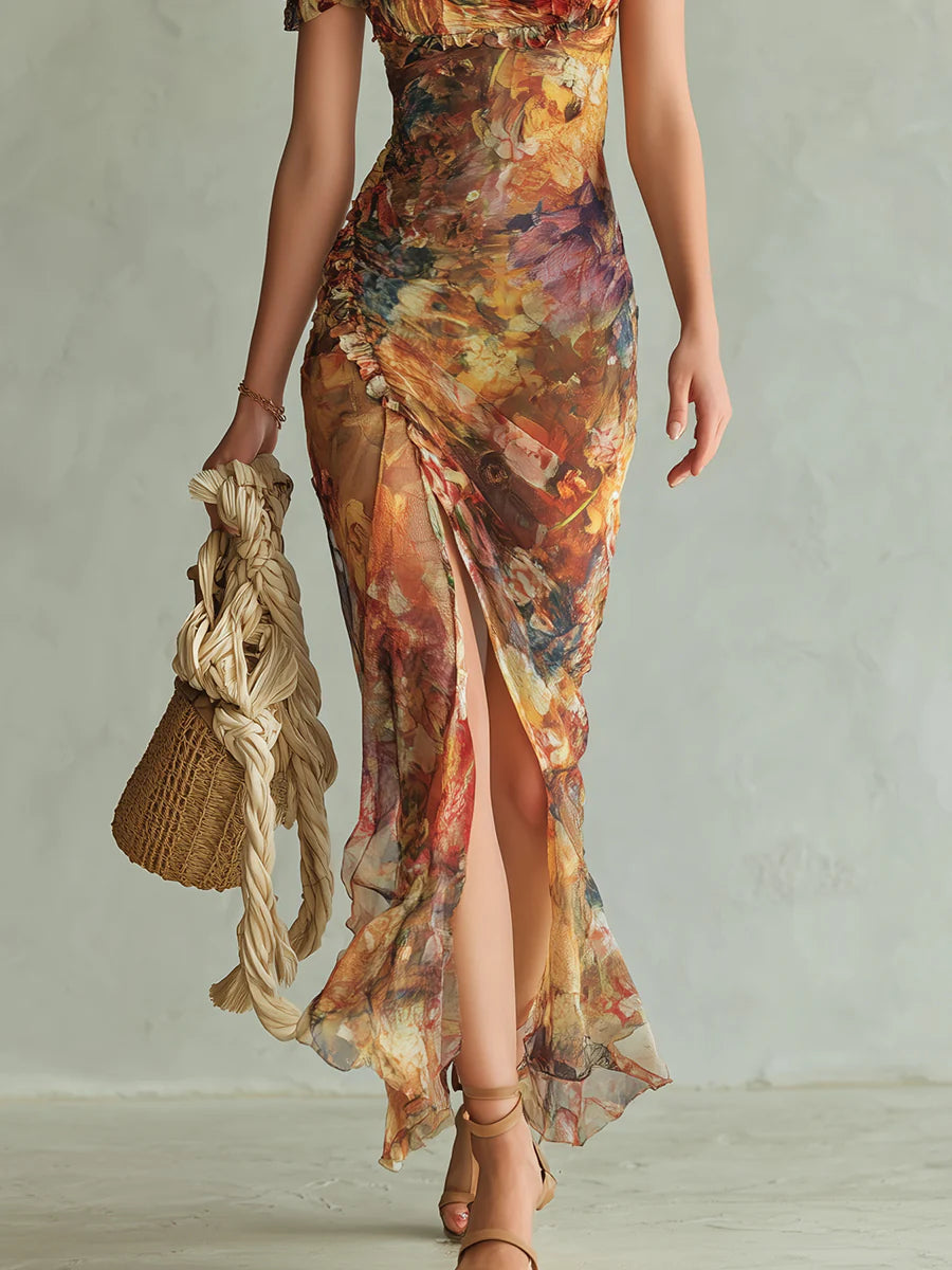 Herminie | Robe Maxi en Mousseline Orange à Imprimé Peinture à l'Huile Style Bohème