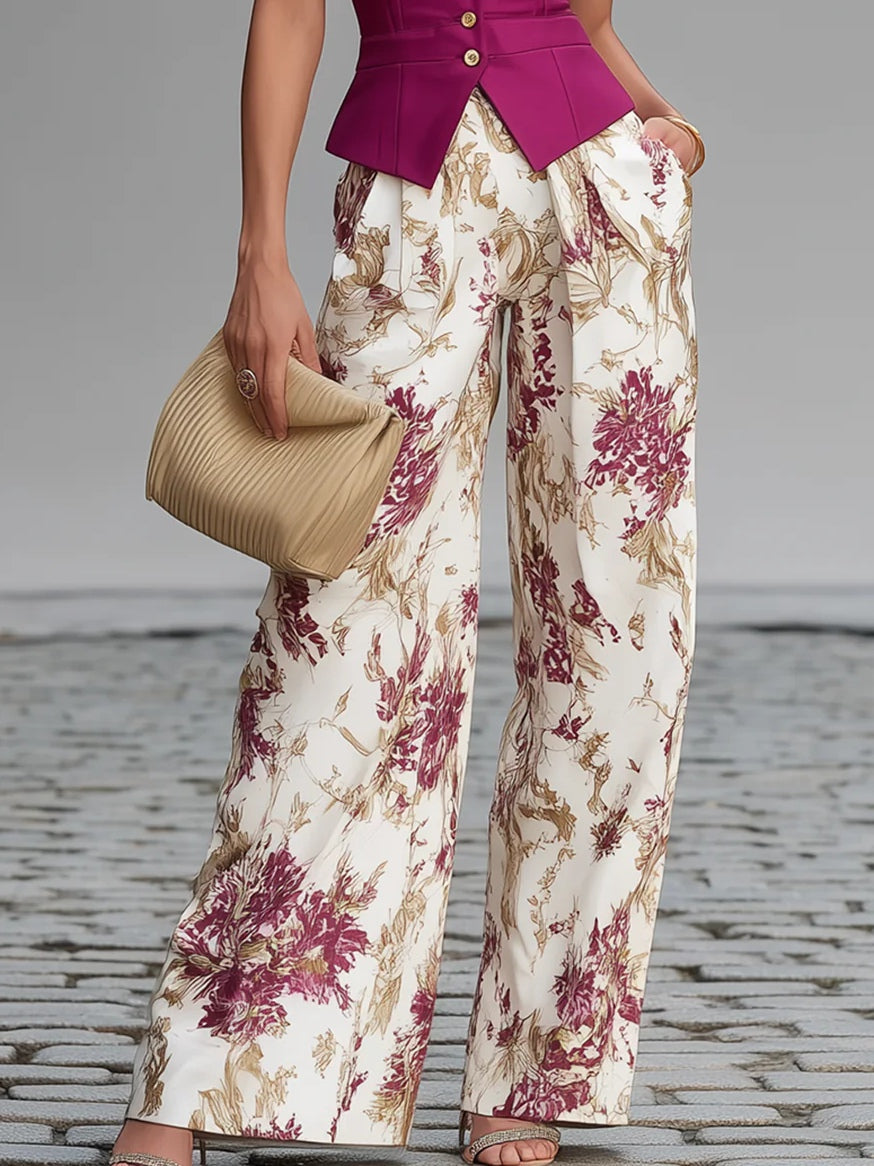 Isabelle | Ensemble gilet rose et pantalon fluide fleuri