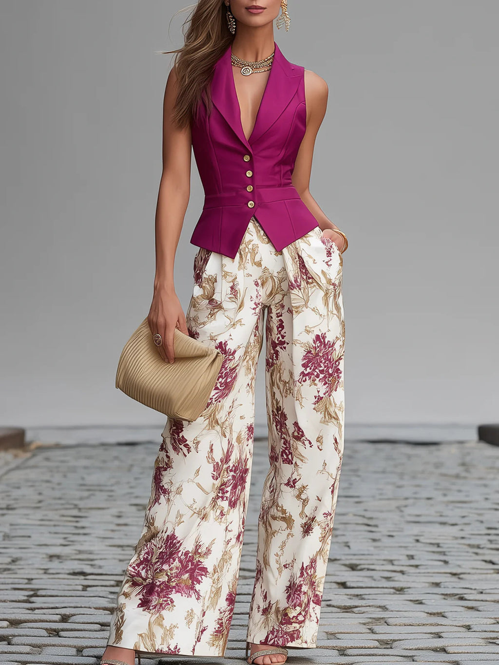 Rosabelle | Ensemble Gilet Rose et Pantalon Large Fleuri