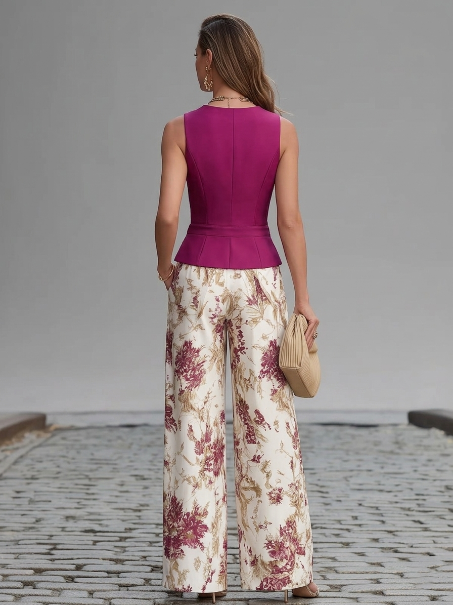 Rosabelle | Ensemble Gilet Rose et Pantalon Large Fleuri