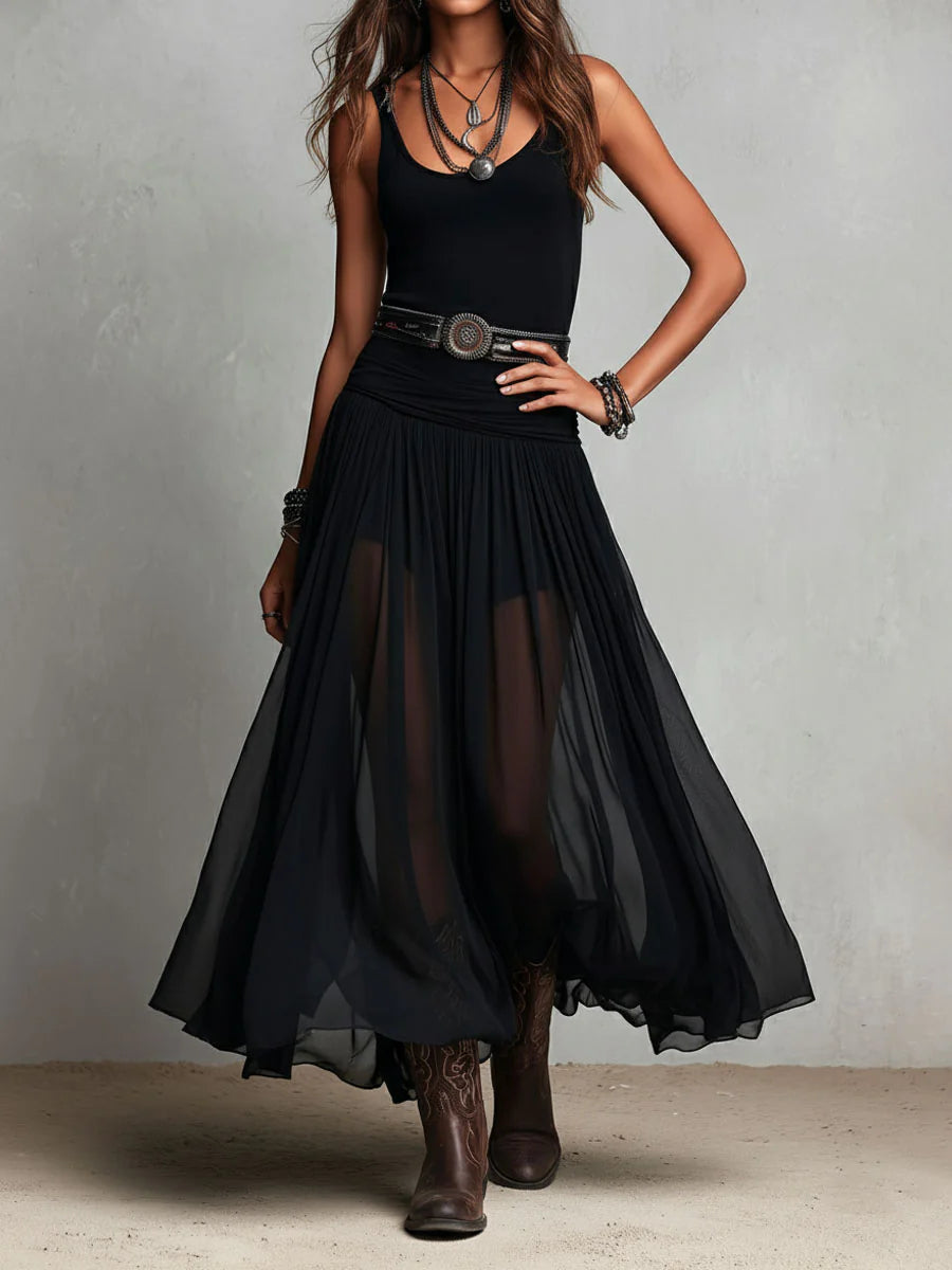 Thaïs | Robe maxi noire sans manches avec jupe en tulle (avec ceinture)