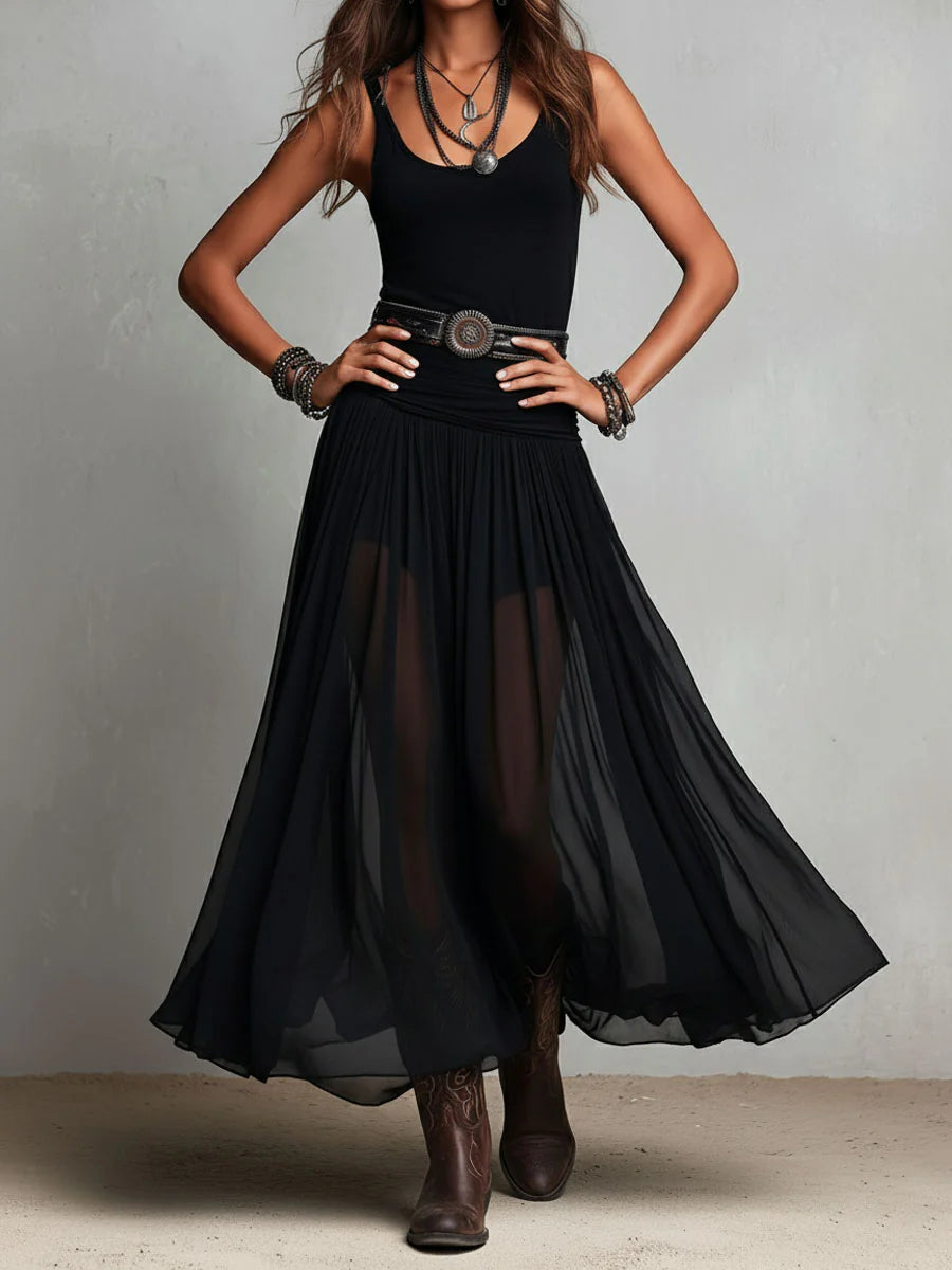 Thaïs | Robe maxi noire sans manches avec jupe en tulle (avec ceinture)