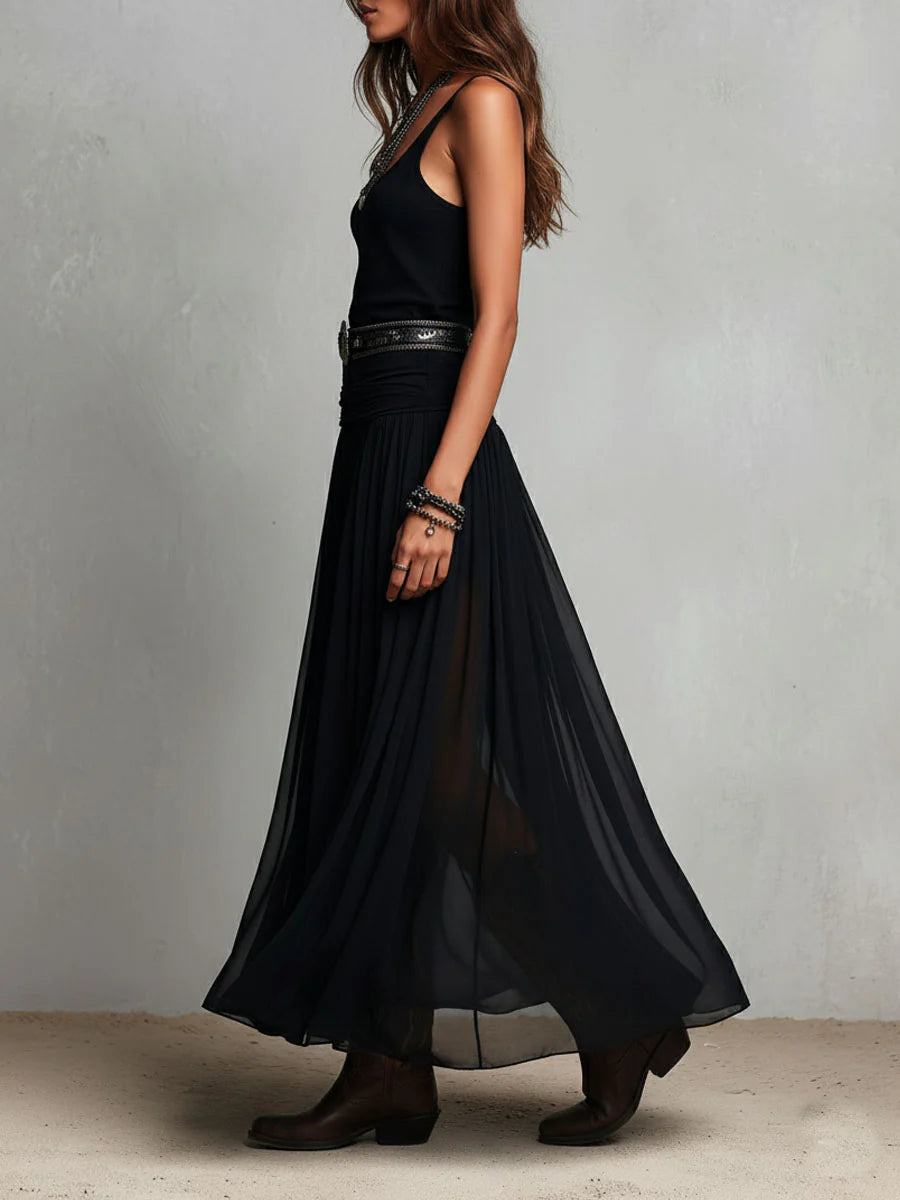 Capucine™ | Haut Noir Sans Manches et Jupe Maxi en Tulle (avec ceinture)